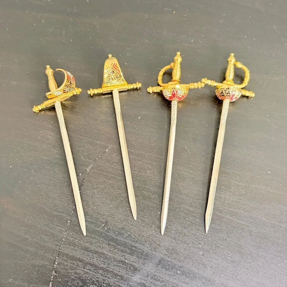 Vintage Toledo Spanish Mini Sword Cocktail Pick Set 4 Picks Stand Made in Spain